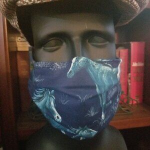 Adult Face Masks - Wilk Horses on Blue - Filter Pocket - Roomy - Breathable